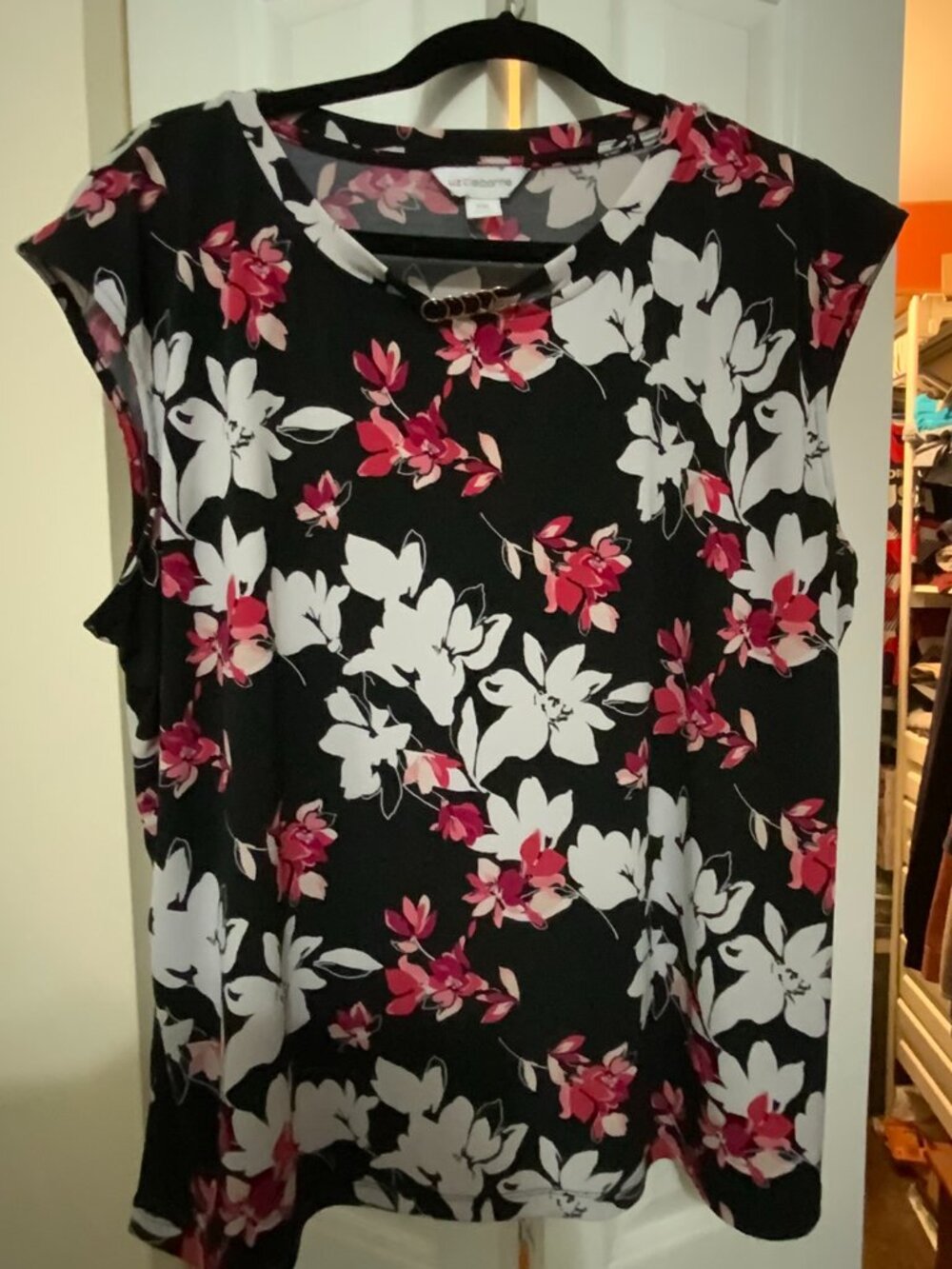 Liz Claiborne Floral Keyhole Neck Blouse Pink White Black XXL